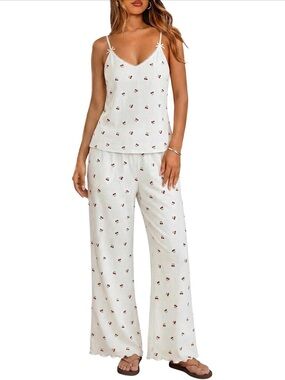 Light Cream Floral Cami & Wide-Leg Pajama Set